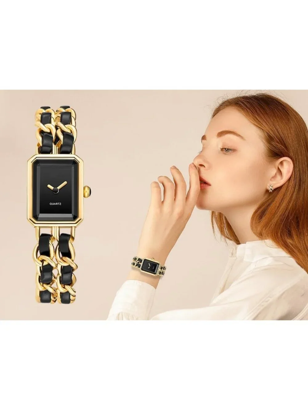 Women's Gold Square Adjustable Chain Braid Band Quartz Retro Dress Wrist Watches